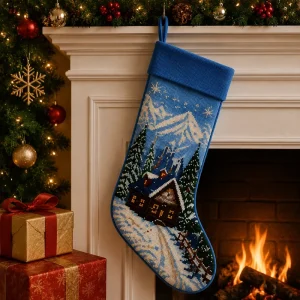 Needlepoint Christmas Stocking with Snowy Trees for Handmade Festive Winter Holiday Mantel Decoration Gift