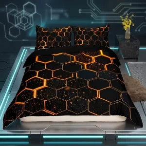 Neon Orange Glowing Hexagonal Honeycomb Bedding Set 3D Sci Fi Geometric Duvet Cover Set Modern Tech Bed Linen with Pillowcases
