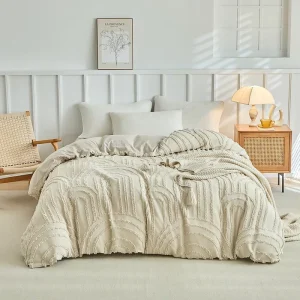 Neutral Beige Raised Tuft Duvet Cover Set 3 PCS Polyester Bedding Skin Friendly Washable for Custom Hotel Bulk Procurement