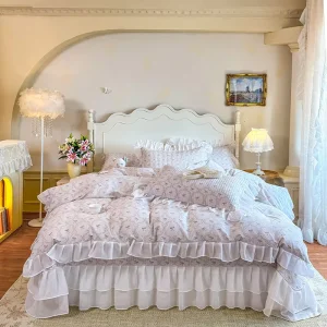 New 100% Cotton Ruffle Bed Cover 4Pcs Bedding Set Lace Fringe Quilted Bedspread Set Soft Breathable Home Bedroom Bedding