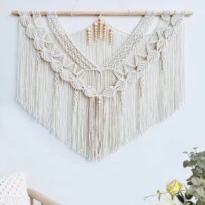 New Arrival Custom Luxury Handmade Leaf Wood Bead Woven Large Macrame Tapestry