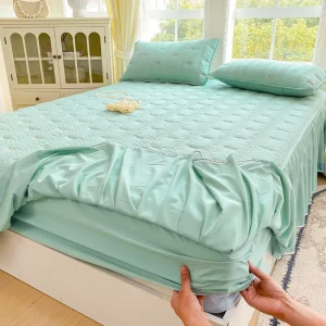 New Arrival Light Green Embroidery Ruffled Bed Skirt Quilted Bedskirt Solid Bed Skirts