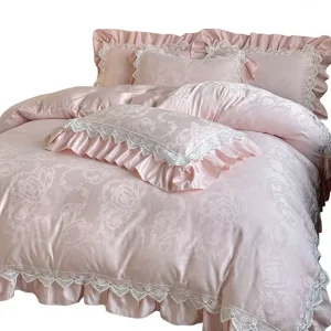 New Arrival Long staple Cotton Satin Jacquard Floral Lace Four piece Set French style Princess style Duvet Cover Sheets Bed