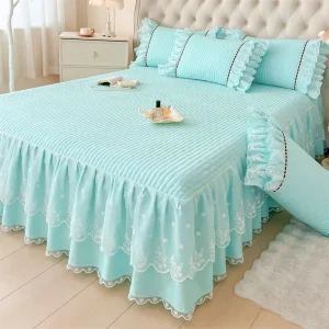New Arrival Ruffled Romantic Solid Sky Blue Spring and Summer Bed Sheet 100% Cotton Quilted Lace Cotton Bed Skirt