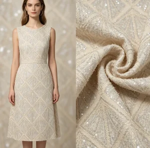 New Arrival Stock Beige Gold Diamond Geometric Jacquard Woven Brocade Fabric Embroidery Bead Sequin Work Wedding Garment