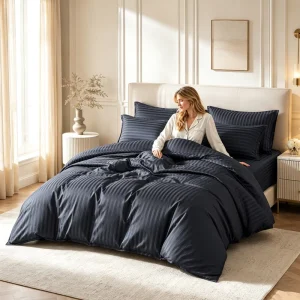 New Arrive Premium 6pcs Stripe Embossed Microfiber Sheet Set Soft Cooling Breathable Wrinkle Resistant Hotel Style Bedding Set