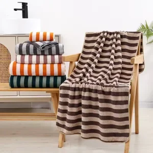 New Coral Fleece Wide Striped Soft Absorbent Large Thickened Bath Towel for Couples Large Bath Face Towel for Daily Home Use
