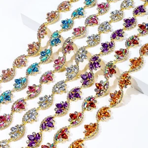 New Crystal Chains Colorful Navette Shaped Rhinestone Adhesive Flower Applique Hotfix Rhinestones Trim for Clothing DIY