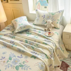 New Custom 100% Cotton 200TC Breathable Flat Bed Sheet Set with Printed Pillowcase Fitted Sheet for Hotel Home Use