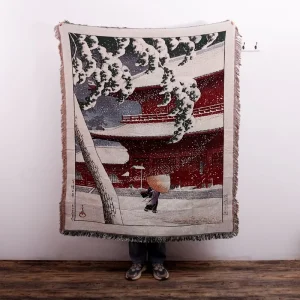 New Custom Modern Snowy Palace Jacquard Tassel Throw Recycled Polyester Cotton Woven Tapestry Four Seasons Blanket