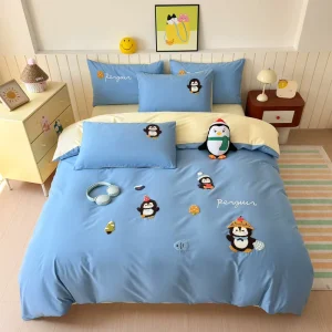 New Cute Cartoon Embroidered 100% Cotton Bedding Set 4Pcs Fresh Minimalist Soft Duvet Cover Bed Linen Set