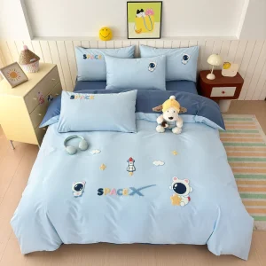 New Cute Cartoon Embroidered 100% Cotton Bedding Set 4Pcs Fresh Minimalist Soft Duvet Cover Bed Linen Set