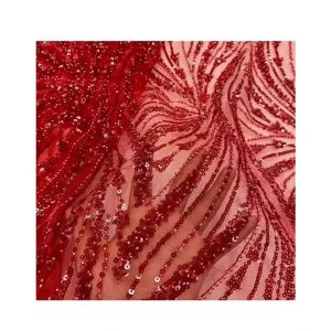 New Design Fairy Dress Fabric Plant Flower Red Bridal Beaded Lace Sequence for Wedding Luxury Dress Mesh Tulle Sequin Fabric