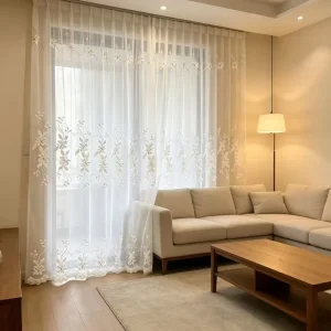 New Design Modern Leaf Pattern 3D Embroidery Embroidered Gauze Curtains Fabric for Villa Living Room Bay Window Decor