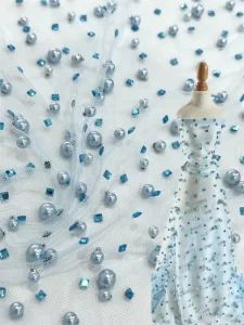 New Fashion French Embroidery Fabric Colorful Rhinestone Bubble Bead Embroidery Lace Mesh Fabric