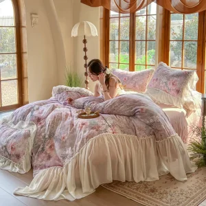 New French Princess Double Gauze Cotton Bedding Set 4Pcs Vintage Ruffle Edge Duvet Cover Set Custom OEM