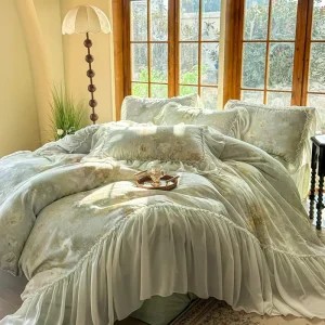 New French Princess Double Gauze Cotton Bedding Set 4Pcs Vintage Ruffle Edge Duvet Cover Set Custom OEM