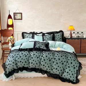 New French style Thickened Milk Fleece 4pcs Bed Skirt Set butterfly Lace Trim Polyester Duvet Cover Set