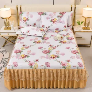 New Jacquard Ice Silk Sleeping Mat Set of Three Bed Skirt Polyester Bed Skirts and Bed Cover Set for Summer 3PCS