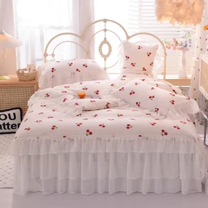 New Korean Style Jacquard Lace Princess Lovely Cherry Printed Full Cotton Ruffed Lace Bed Skirt Bed Sheets Cotton Set