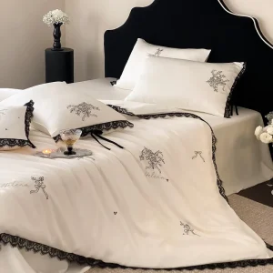 New Luxury 300tc 60S Silk Embroidered Lace Duvet Cover Set Soft Breathable Queen King Size for Home