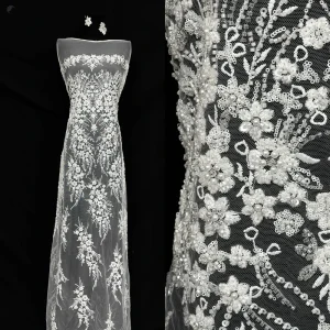 New Luxury White Knitted Tulle Mesh Lace Fabric Pearls Beaded Sequin Leaf Embroidered Bridal Wedding Evening Dress Girls Bags
