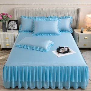 New Nordic Style Ice Silk Lace Embroid Linen Blend Light Blue Ruffled Trimmed Elastic Detachable Bed Covers