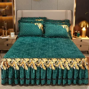 New Style Embroidery Bedding Soft Velvet Dark Green Bedspread Bed Skirt for Home