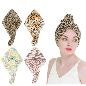 New Style Sells Leopard Print Women Hair Towel Turban Wrap Quick Drying Bathroom Bath Shower Hat With Button Absorbent Bath Cap