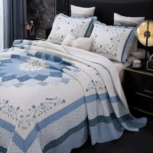New Three-Piece Nordic Style Plants Flowers Pattern European Machine Embroidered Quilted Bed Cover Set Soft Moisture Absorption