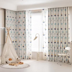 New Trend Double side Chenille Printed Whale Pattern Kids Curtains Fabric with Matching Print Voile Sheers Fabric