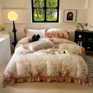 New Trending French Luxury Premium Princess Exquisite Pure Cotton High Quality 300tc All Season Ruffled 4Pcs Bedding Set