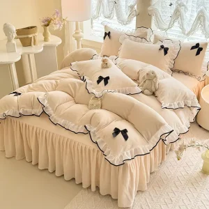 New Unisex Milk Velvet Bed Skirt Four Piece Set Bowknot Design Thickened Fleece Lined Winter Bed Sheet Duvet Cover Bedding