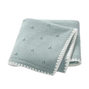 Newborn Baby Knitted Blanket Hollow Dot Scallop Edge Baby Swaddle Blanket Soft Baby Wrap Pointelle Stroller Cover