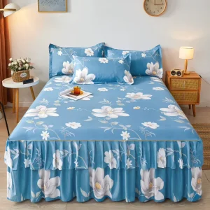 Newest Colorful Style 100% Polyester Bedding Luxury Bed Cover Modern Floral Plant Printed Fitted Skirt Sheets Bed Skirt