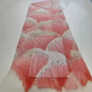 Nigeria Red Guipure Beads Lace Embroidery Fabric Sequins Pearls Weft Knitted Aso Ebi for African Wedding Embroidered