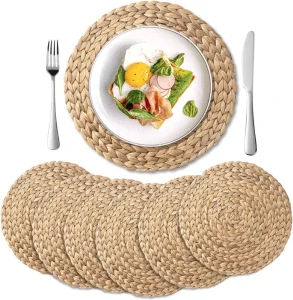 No Slip Heat Resistant Mat Natural Round Braided Water Hyacinth Weave Rattan Tablemats Placemats for Dining Table