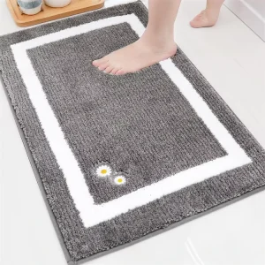 Non Slip Absorbent Grey Polyester Bathroom Rugs Washable PET Friendly Extra Thick Home Bath Floor Mat with Embroidery
