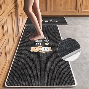 Non Slip Geometric Pattern Thin Linen Look Kitchen Floor Mat Non Slip Rubber Backing Oil Resistant Water Absorbent Kitchen