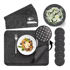 Non Slip Heat Resistant Felt Place Mats Set of 6 with Glass Coasters Cutlery Bags and Decorative Mat for Kitchen & Dining Room