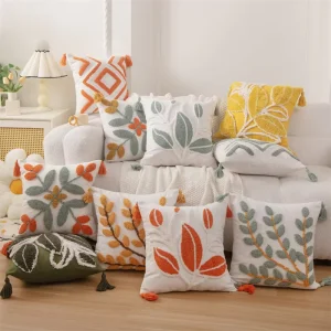 Nordic Boho Tufted Cushion Cover Leaf Embroidery Decorative Pillow Case Moroccan Style Sofa Throw Pillow Home Decor