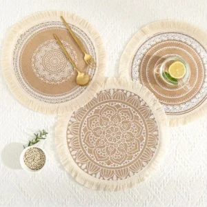 Nordic Elegant Round Jute Woven Table Place Mats Handmade Macrame Placemats With Tassels