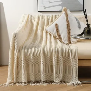 Nordic Knitted Bean Shaped Throw Blanket for Sofa Hotel Bed End Tasseled Solid Color Acrylic Guesthouse Bed Wrap