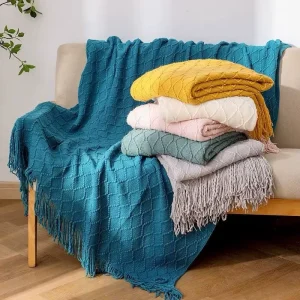 Nordic Retro Diamond Lattice Knitted Throw Blanket Solid Color Yarn Blanket for Sofa Bed End Decoration
