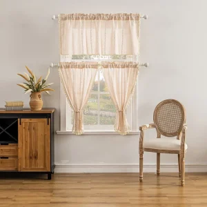 Nordic Style Embroidered Solid Color Three-Piece Cotton Linen Kitchen Curtain Set Small Curtains Valances