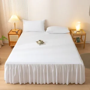 Nordic Style Hotel Home Woven Folded Solid Plain Pure White Lace Ruffled 3pcs Fitted Sheet and Flat Sheet Set