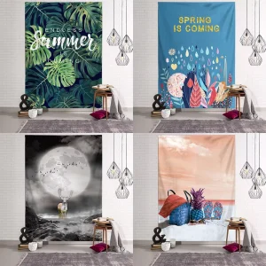 Nordic Style INS Green Leaf Print Tapestry Aesthetic Wall Hanging Background Cloth Decorative Wall Cloth for Living Room Bedroom