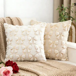 Nordic style Faux Rabbit Fur Sequin Bow Pattern Heart Quilted Throw Pillow Cover for Living Room Sofa Window Seat Decoration