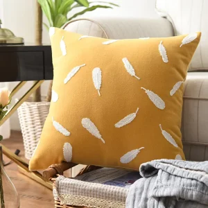 Nordic style Instagram inspired square Throw Pillow Ginger Yellow Adorned Feather Embroidery Chain Stitch Cover