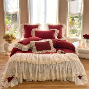 ODM OEM High Quality French Style Lace Cotton Home Textile Red Ruffle Duvet Cover Soft Bedsheet Bedding Set Bedspread Supplier